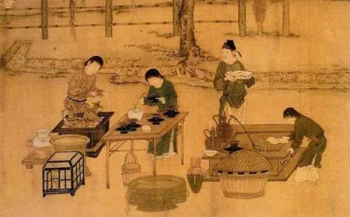 old painting of people drinking tea